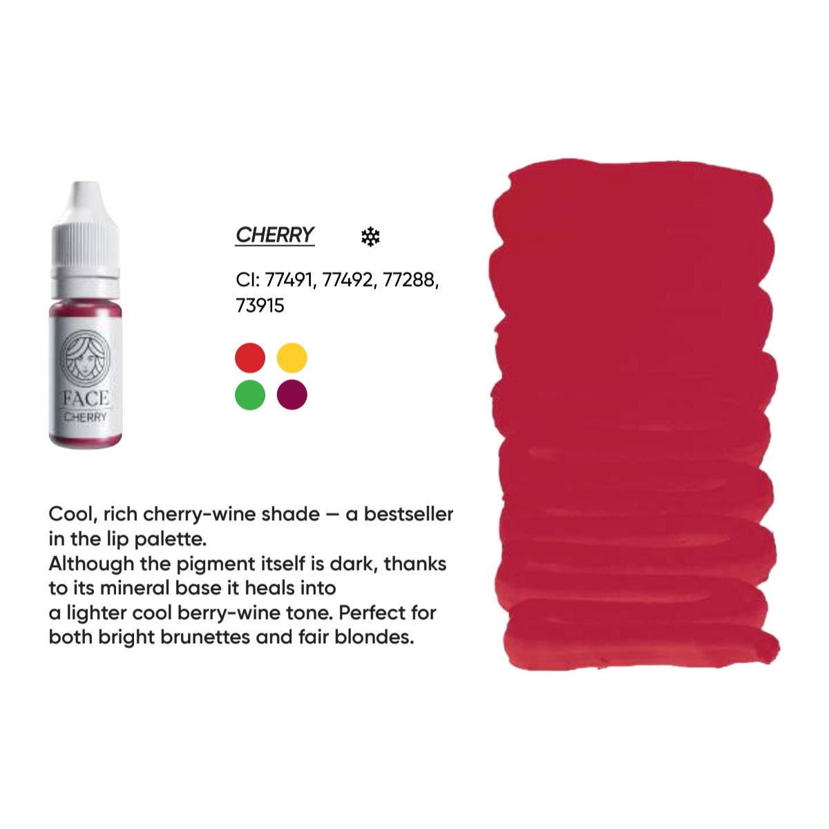 FACE Cherry hybrid lip pigment swatch card with shade description, CI numbers and colour notes