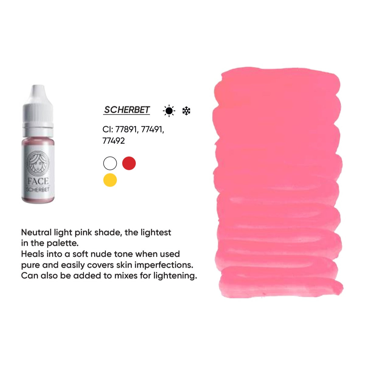 FACE Sherbet hybrid lip pigment swatch card with shade description, CI numbers and colour notes