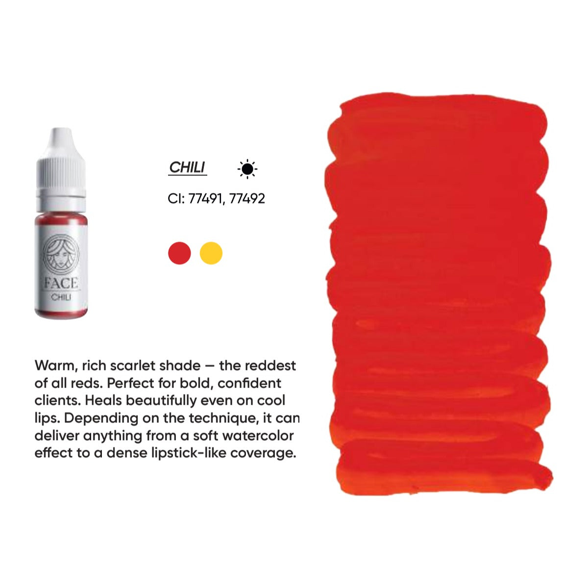 FACE Chili hybrid lip pigment swatch card with shade description, CI numbers and colour notes