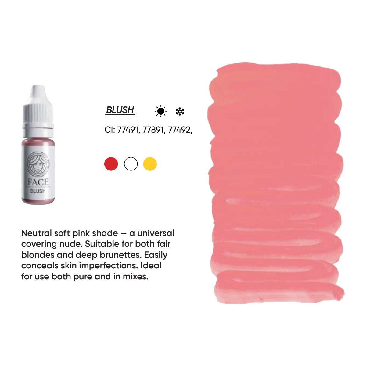 FACE Blush hybrid lip pigment swatch card with shade description, CI numbers and colour notes