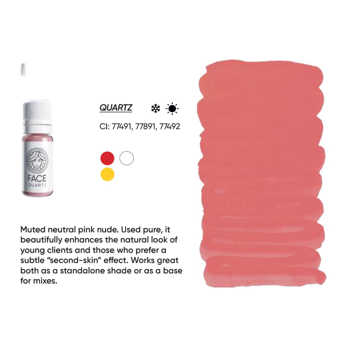 FACE Quartz hybrid lip pigment swatch card with shade description, CI numbers and colour notes