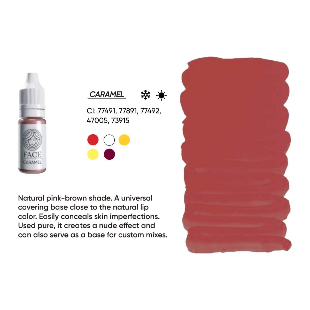 FACE Caramel hybrid lip pigment swatch card with shade description, CI numbers and colour notes