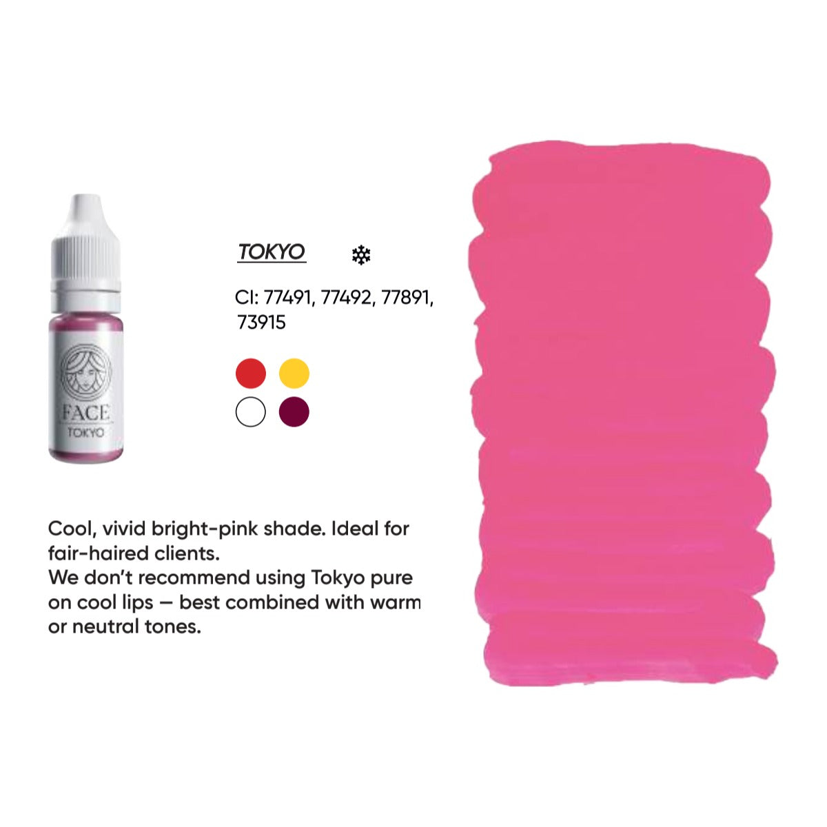 FACE Tokyo hybrid lip pigment swatch card with shade description, CI numbers and colour notes