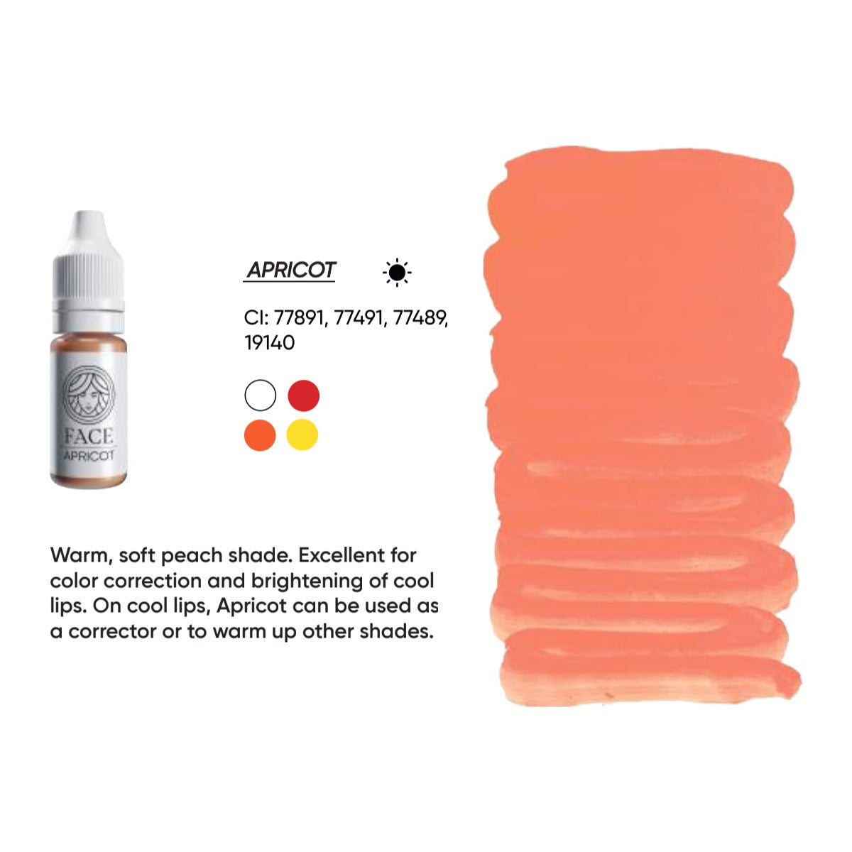 FACE Apricot hybrid lip pigment swatch card with shade description, CI numbers and colour notes
