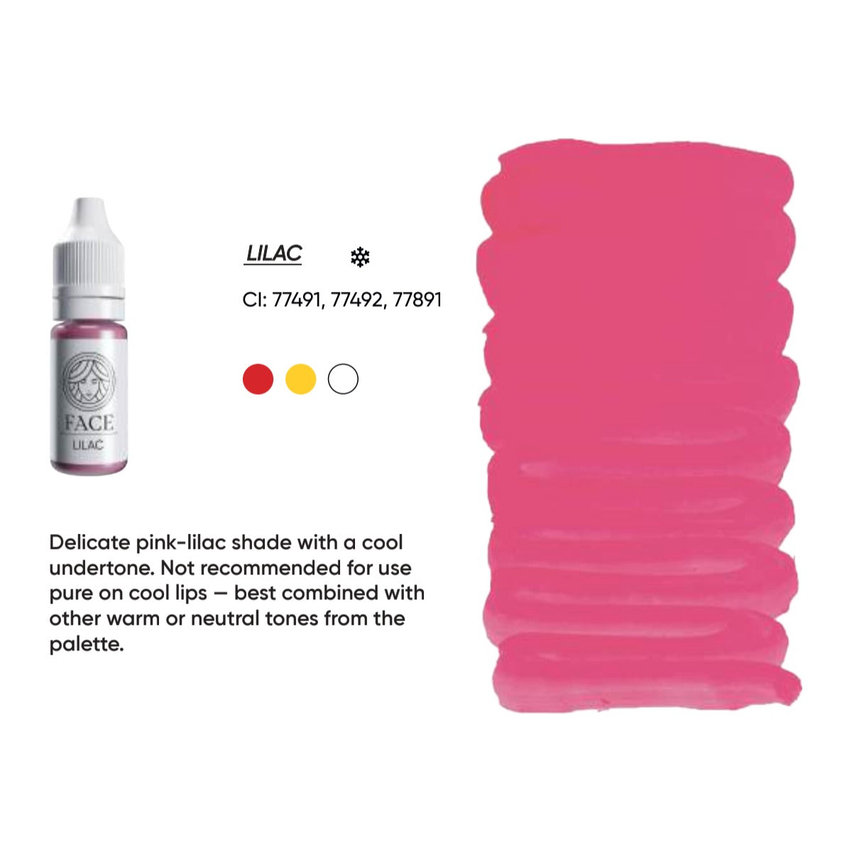 FACE Lilac Hybrid-Lippenpigment, Farbkarte mit Farbtonbeschreibung, CI-Nummern und Farbhinweisen