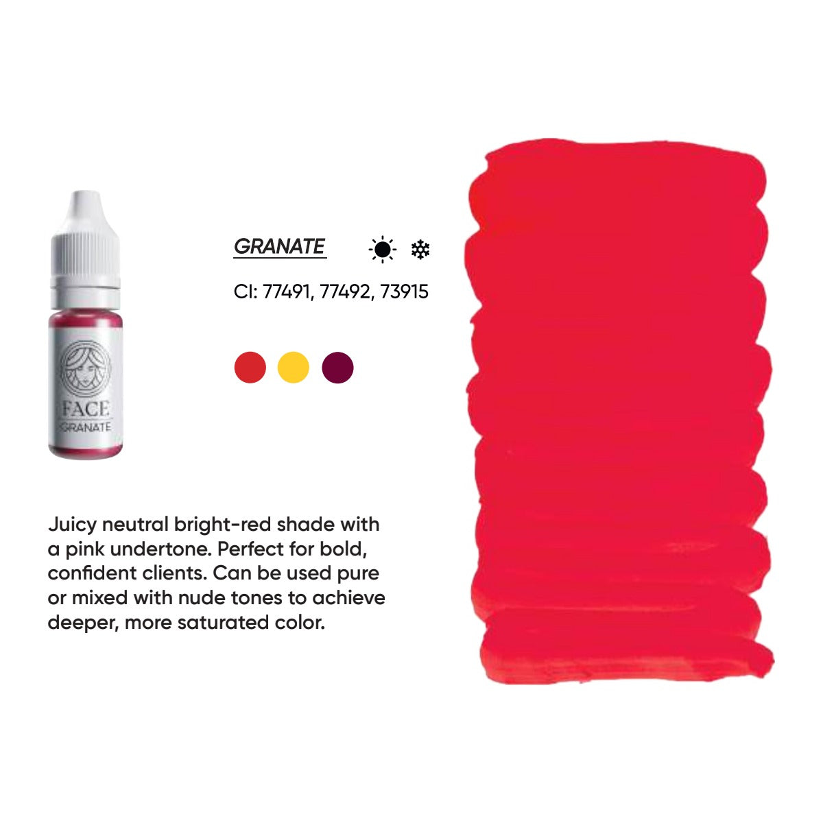 FACE Granate hybrid lip pigment swatch card with shade description, CI numbers and colour notes