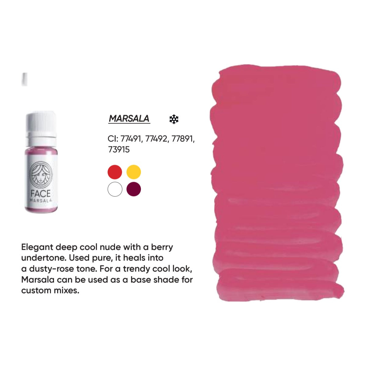 FACE Marsala hybrid lip pigment swatch card with shade description, CI numbers and colour notes