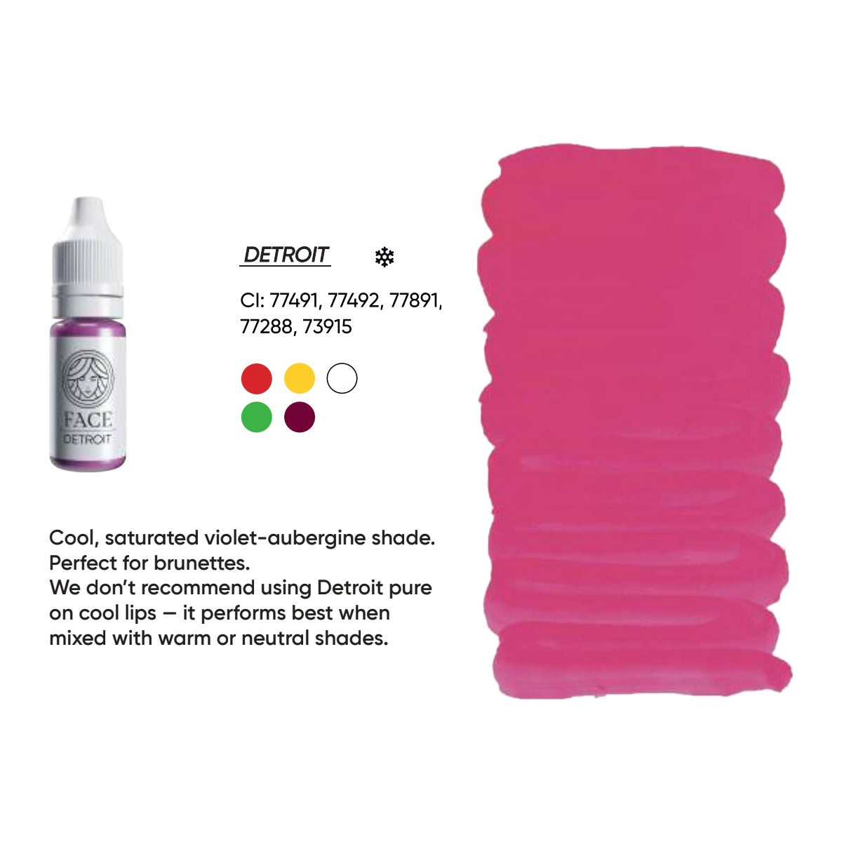 FACE Detroit hybrid lip pigment swatch card with shade description, CI numbers and colour notes