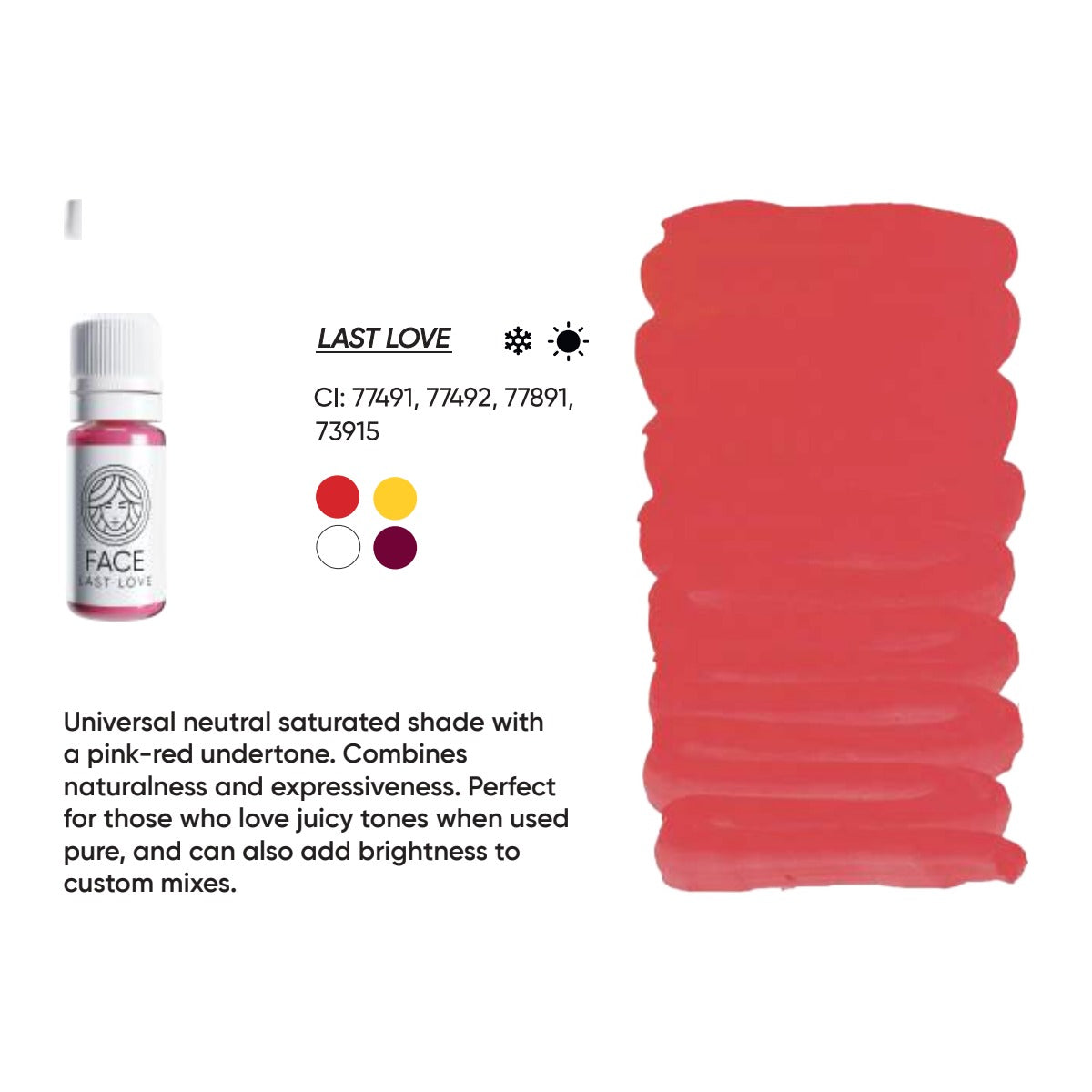 FACE Last Love hybrid lip pigment swatch card with shade description, CI numbers and colour notes
