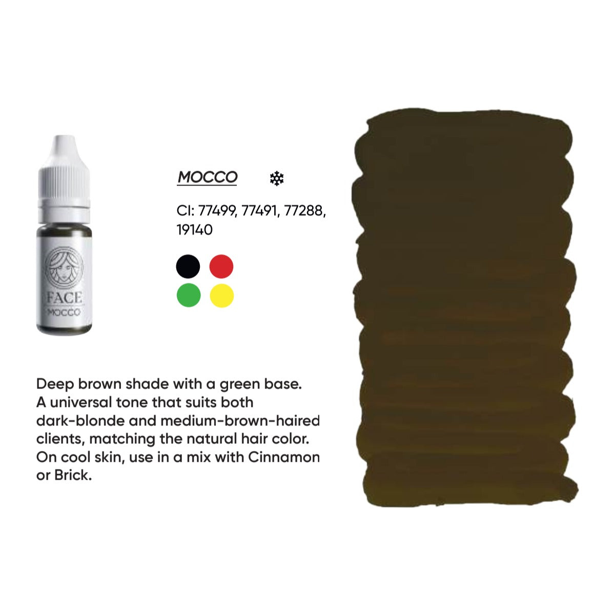 FACE Mocco hybrid brow pigment swatch card with shade description, CI numbers and colour notes