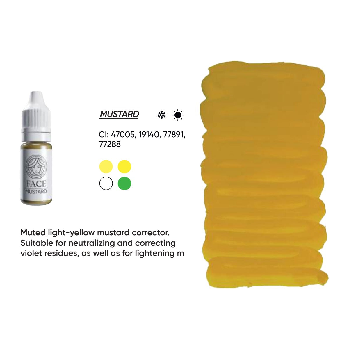 FACE Mustard hybrid brow corrector swatch card with description, CI numbers and colour notes