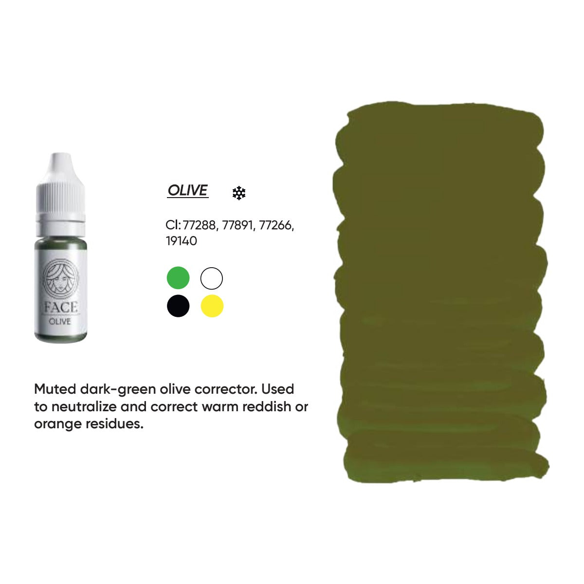 FACE Olive hybrid brow corrector swatch card with description, CI numbers and colour notes