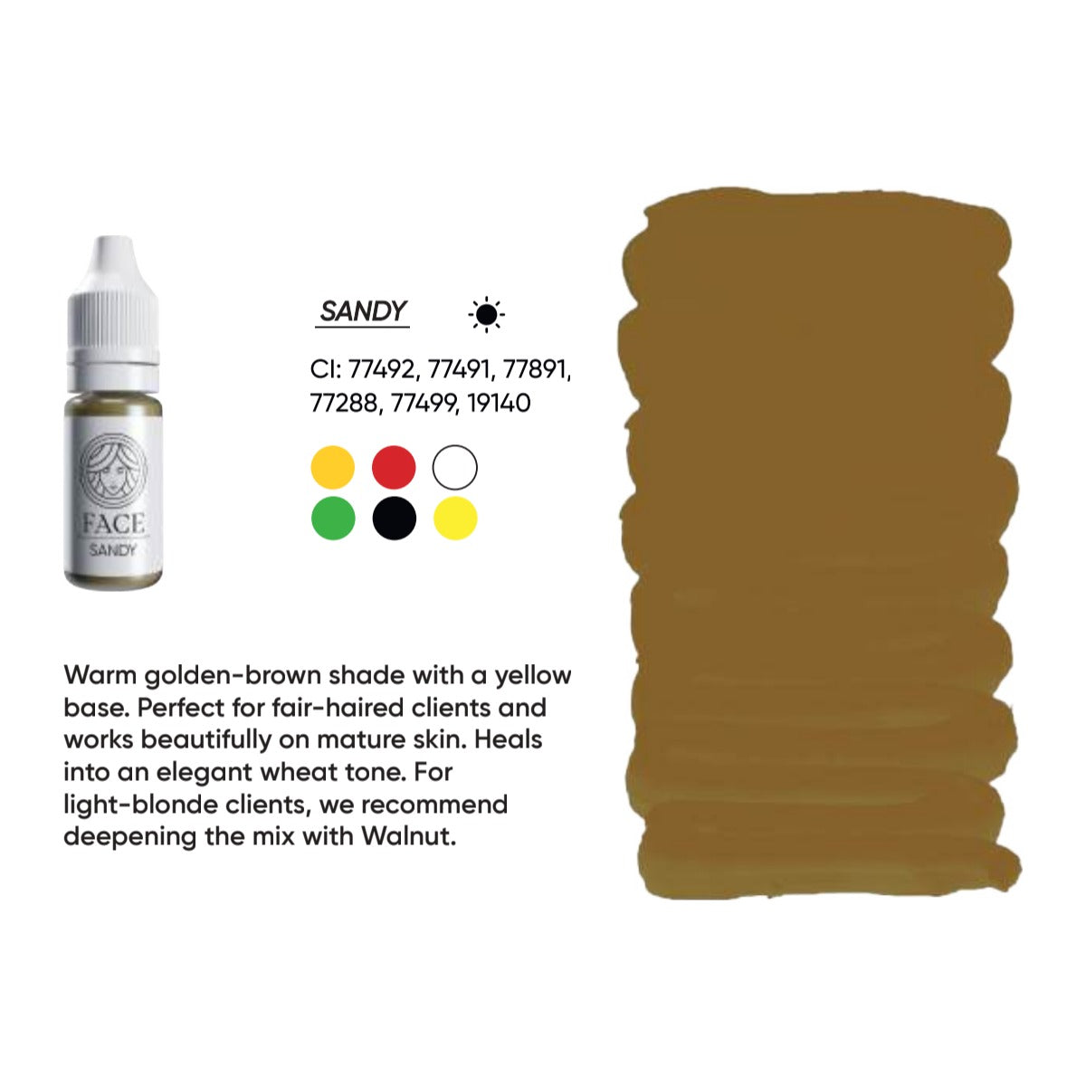 FACE Sandy hybrid brow pigment swatch card with shade description, CI numbers and colour notes