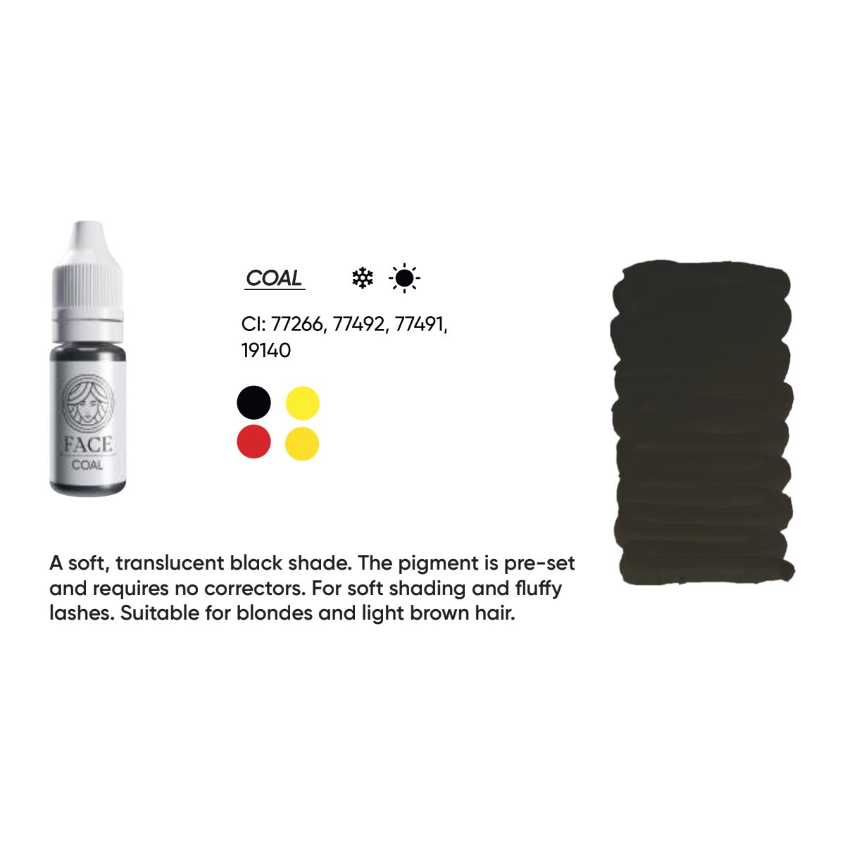 FACE Coal hybrid eyeliner pigment swatch card with shade description, CI numbers and colour notes