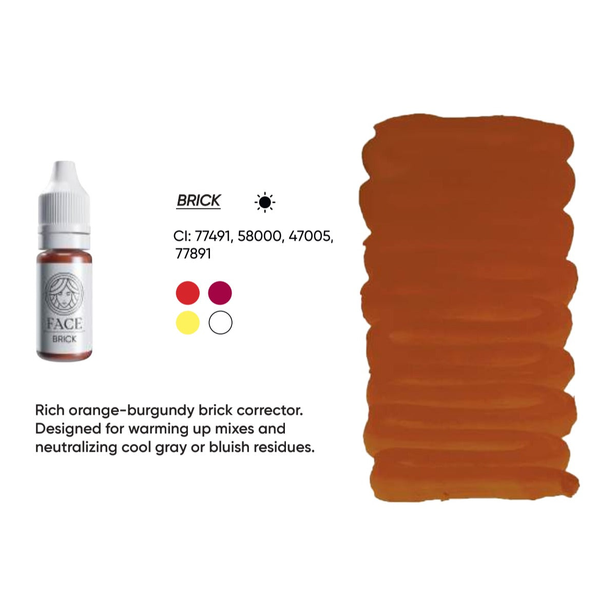 FACE Brick hybrid brow corrector swatch card with description, CI numbers and colour notes