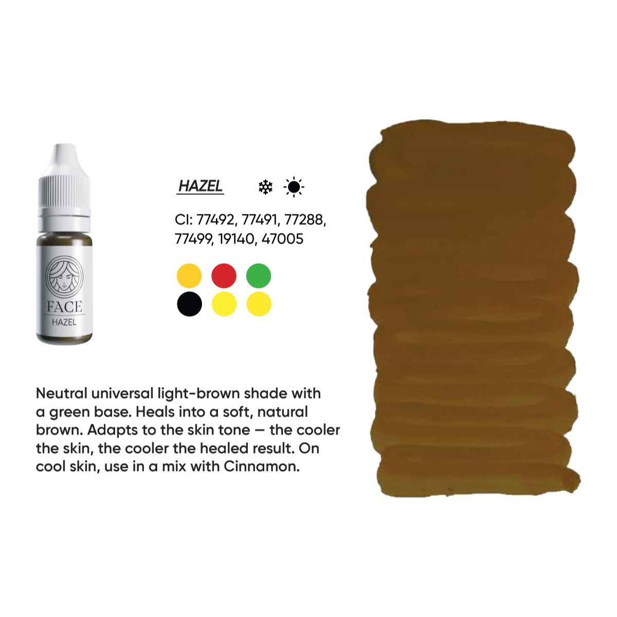 FACE Hazel hybrid brow pigment swatch card with shade description, CI numbers and colour notes