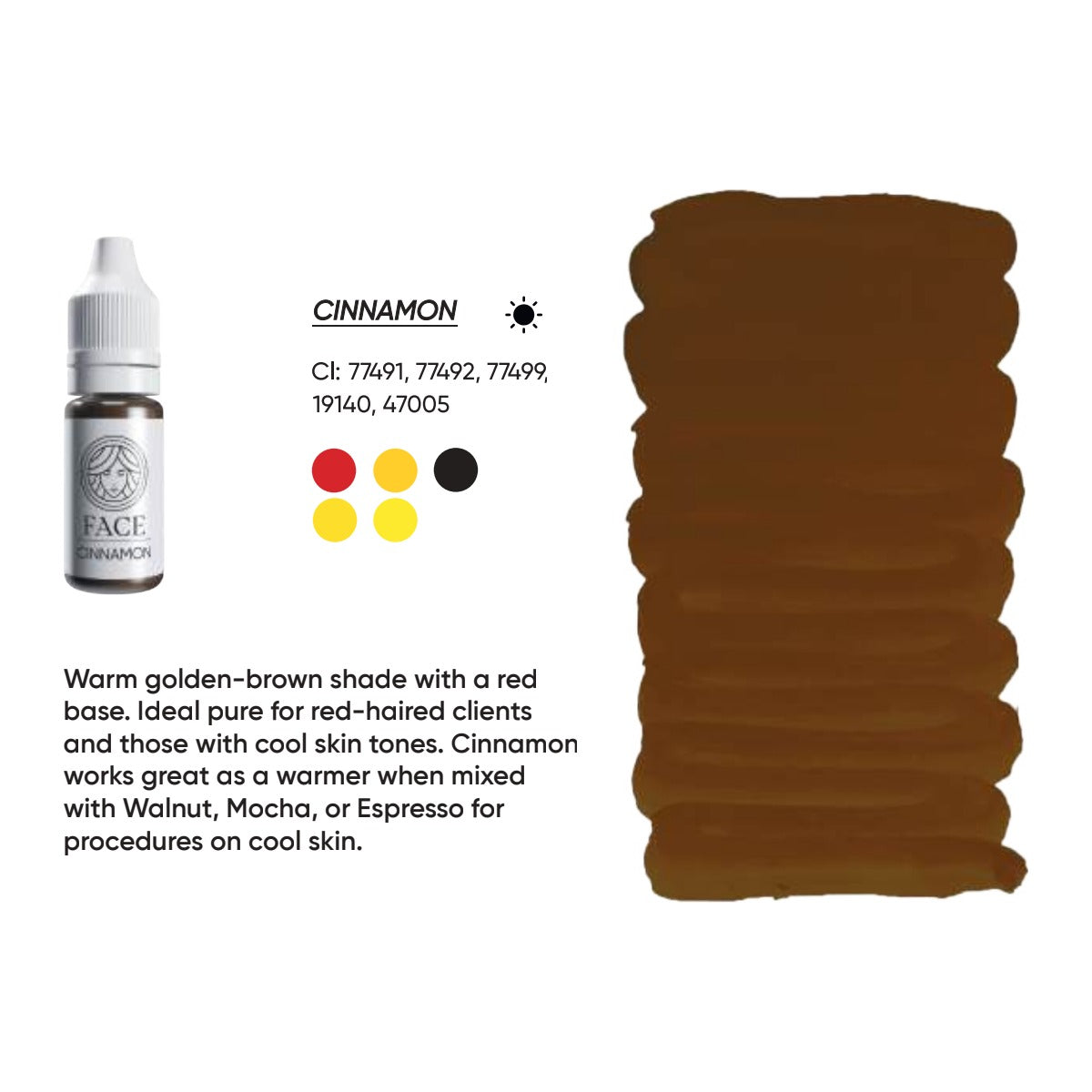 FACE Cinnamon hybrid brow pigment swatch card with shade description, CI numbers and colour notes