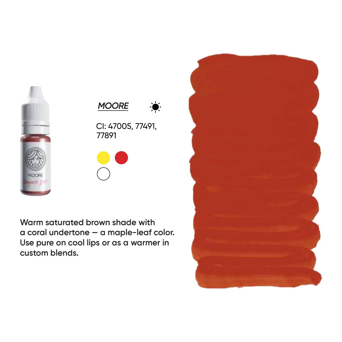 FACE Moore Organic Love lip pigment swatch card with shade description, CI numbers and colour notes