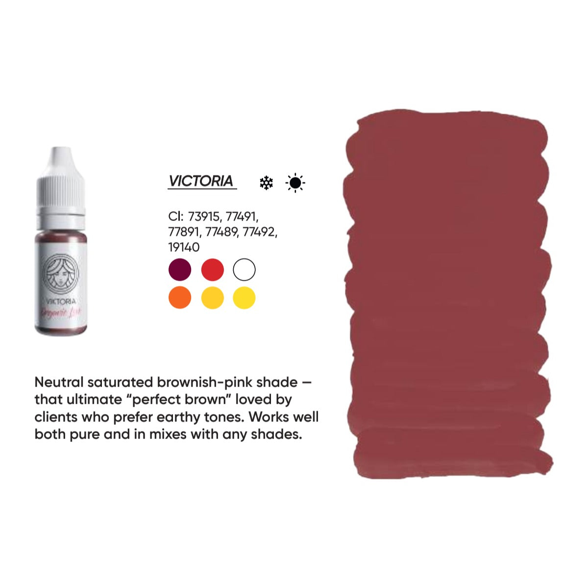 FACE Viktoria Organic Love lip pigment swatch card with shade description, CI numbers and colour notes