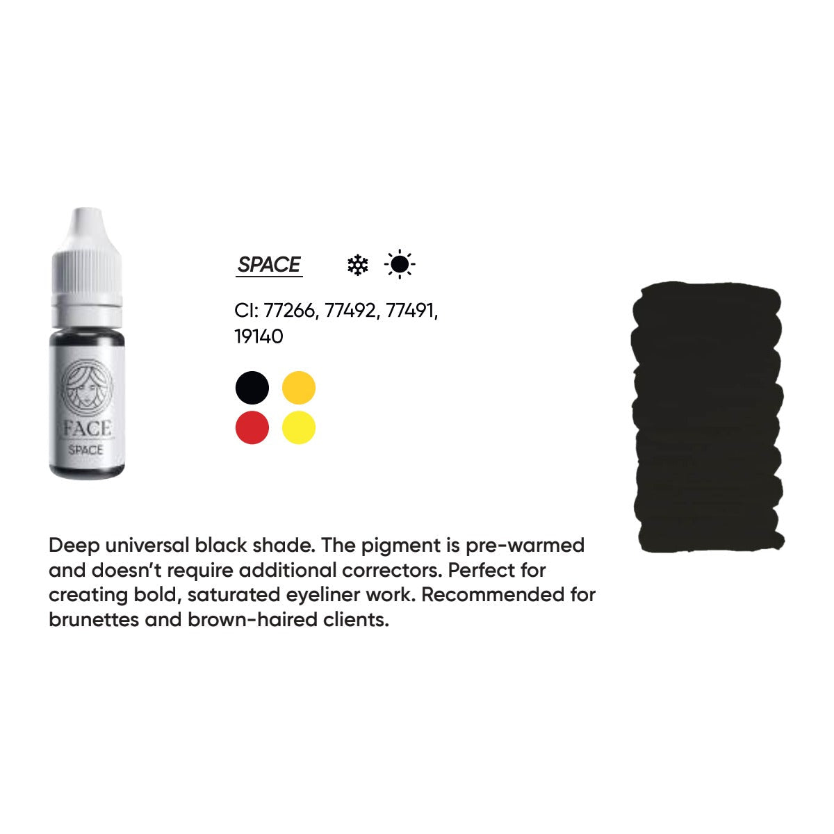 FACE Space hybrid eyeliner pigment swatch card with shade description, CI numbers and colour notes