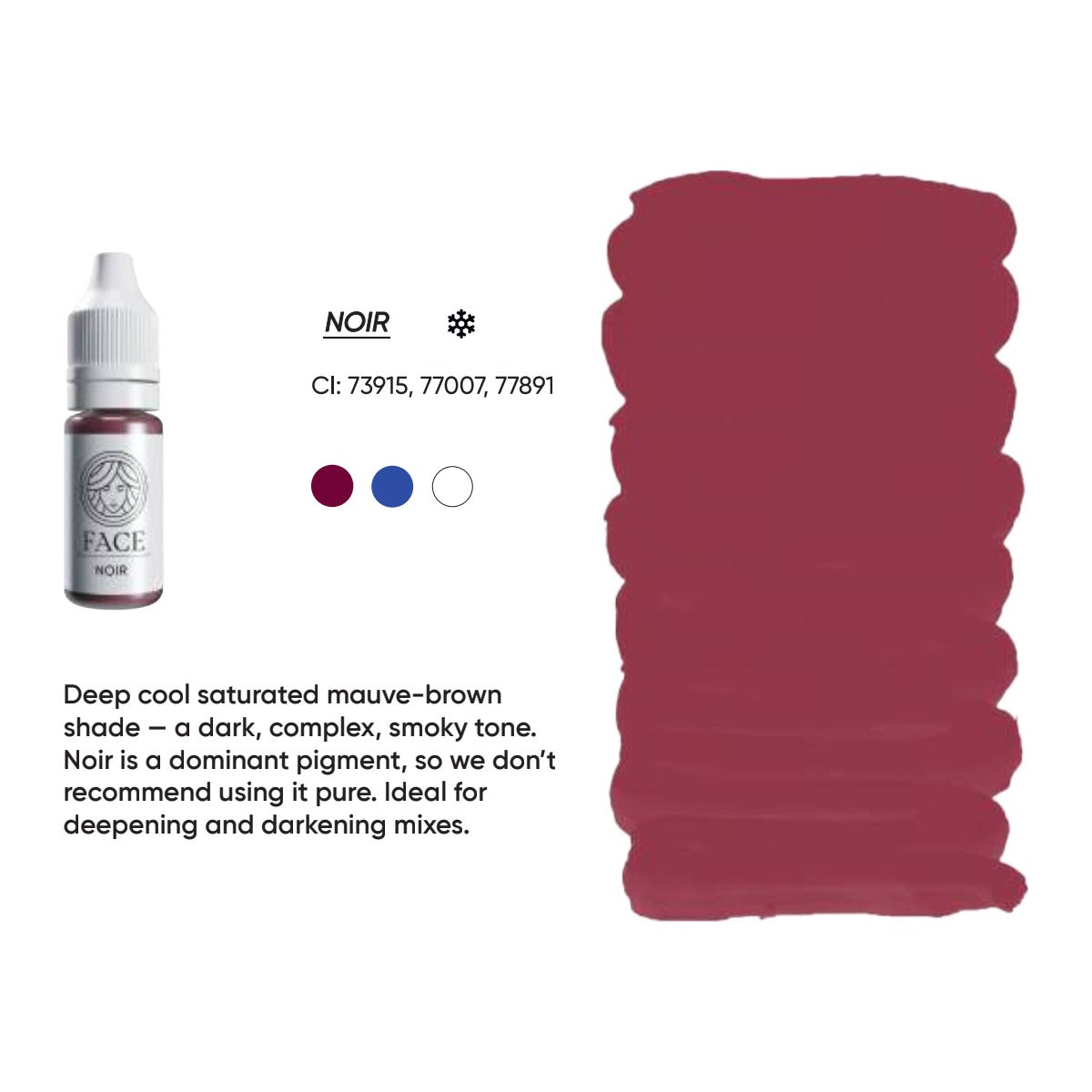 FACE Noir Organic Love Lippenpigment, Farbkarte mit Farbtonbeschreibung, CI-Nummern und Farbhinweisen