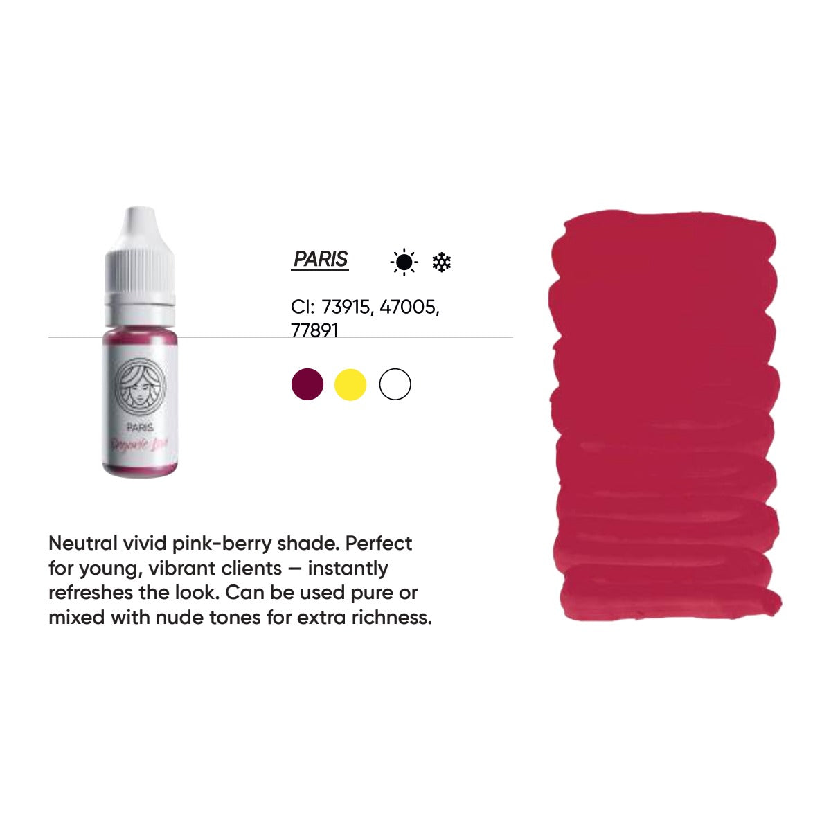 FACE Paris Organic Love lip pigment swatch card with shade description, CI numbers and colour notes