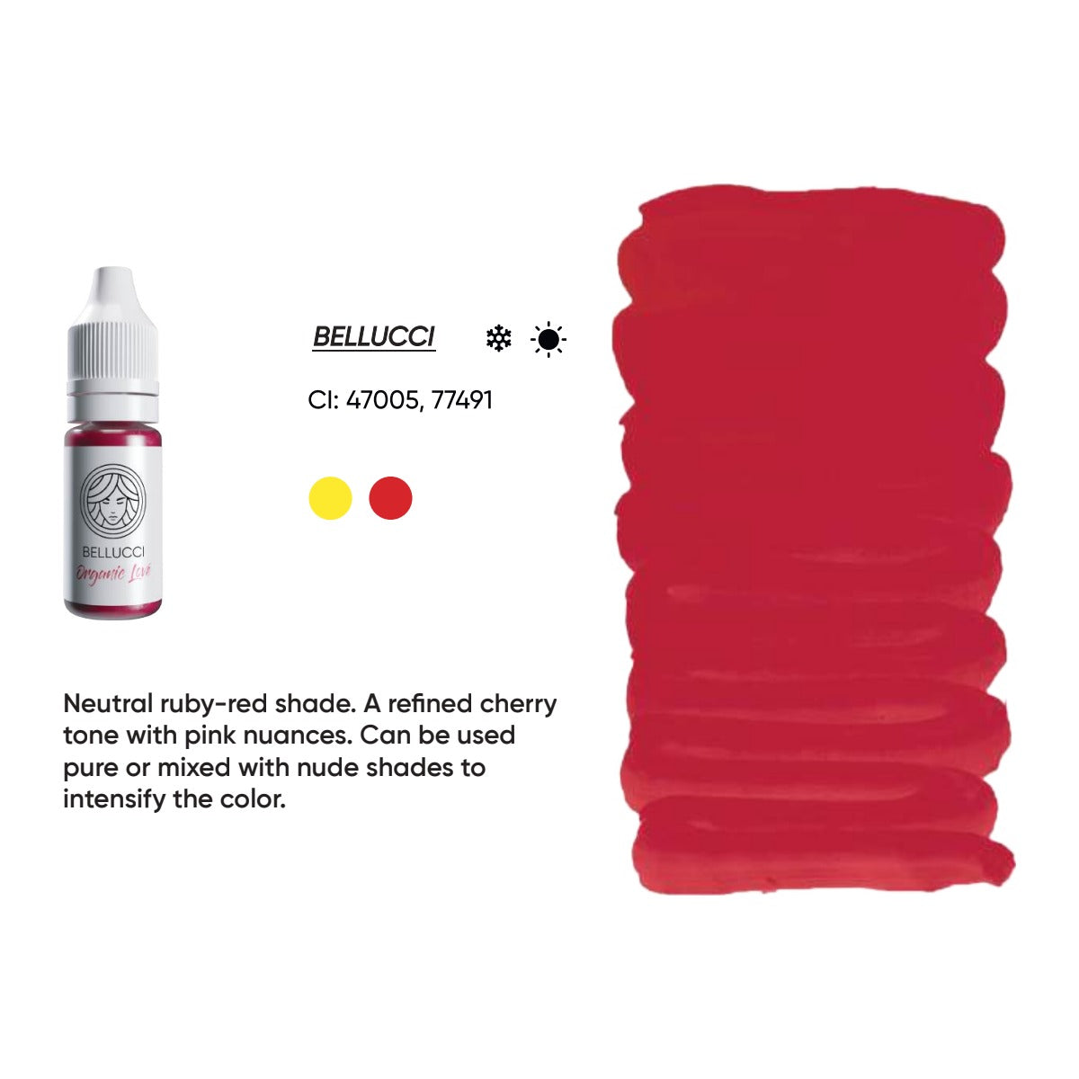 FACE Bellucci Organic Love lip pigment swatch card with shade description, CI numbers and colour notes