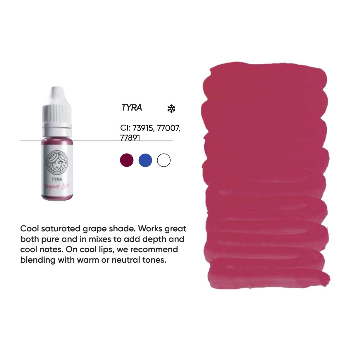 FACE Tyra Organic Love lip pigment swatch card with shade description, CI numbers and colour notes