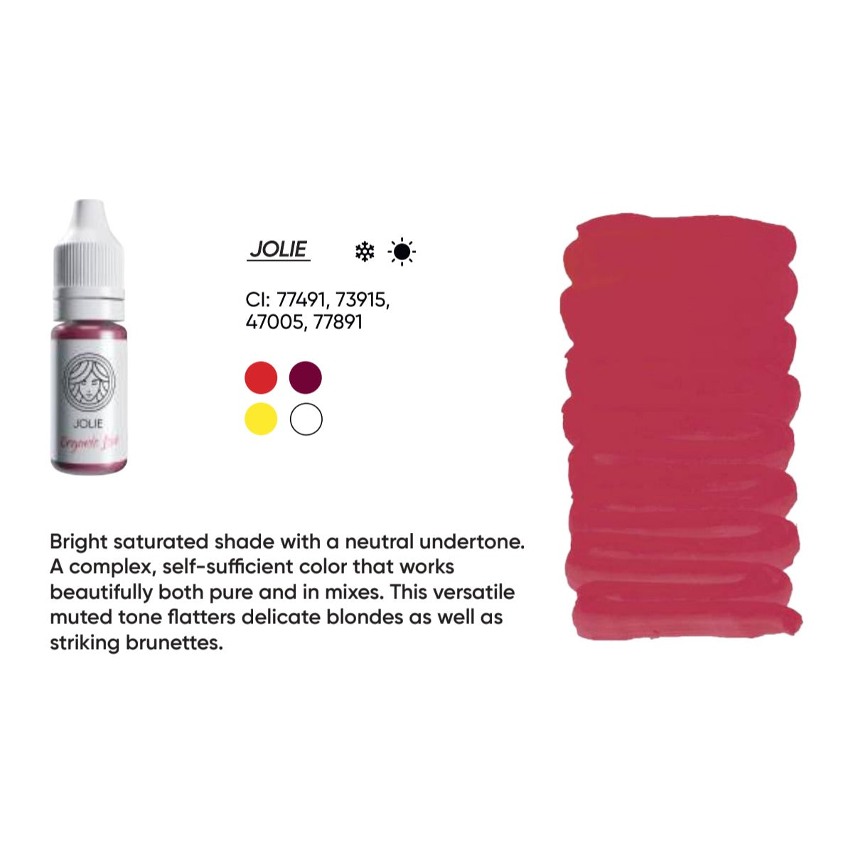 FACE Jolie Organic Love lip pigment swatch card with shade description, CI numbers and colour notes