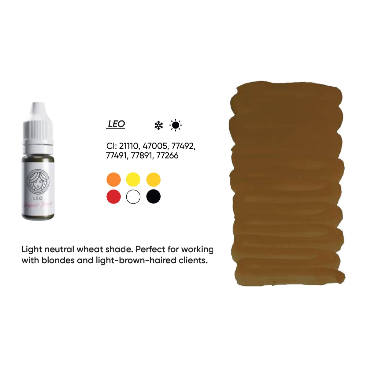 FACE Leo organic brow pigment swatch card with shade description, CI numbers and colour notes