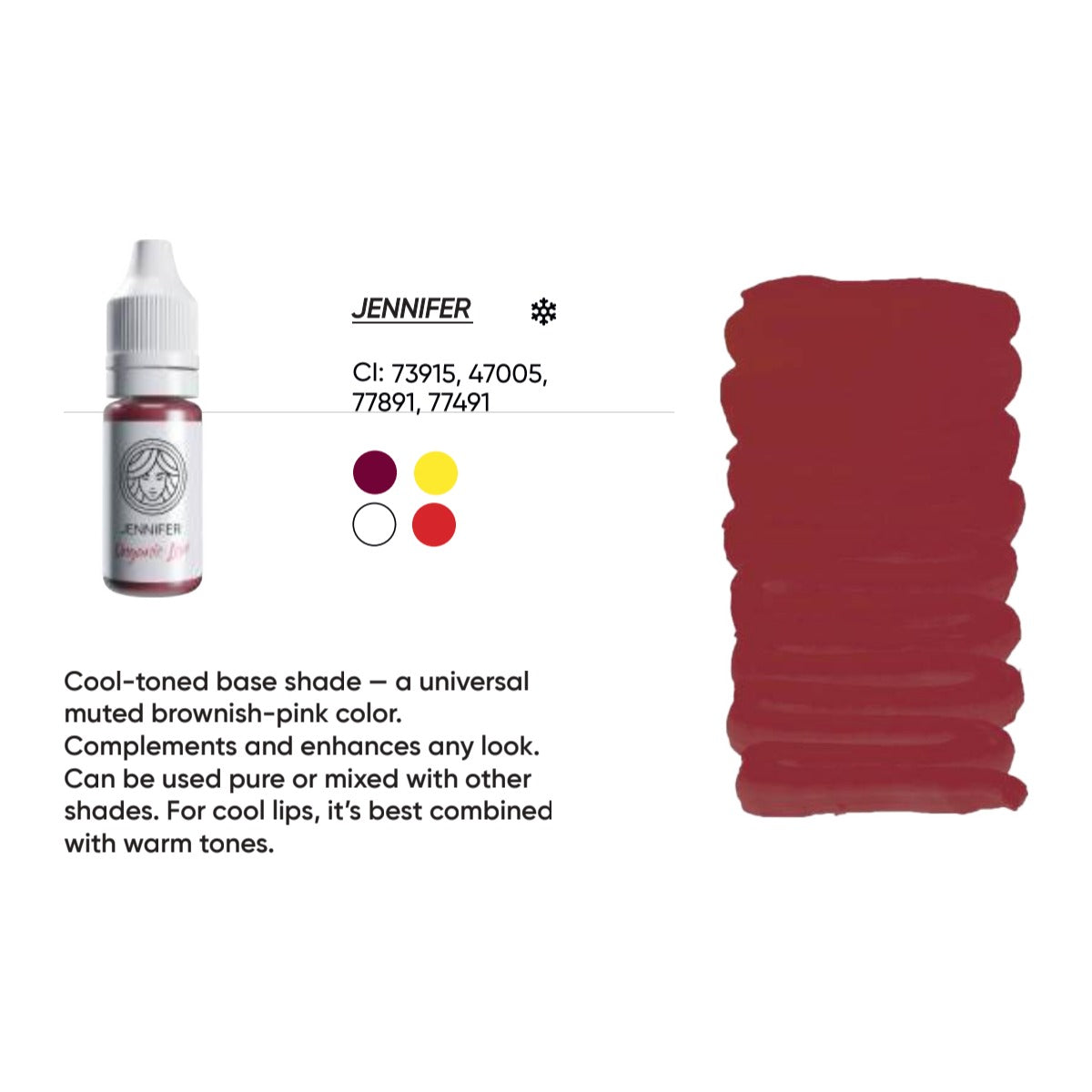 FACE Jennifer Organic Love lip pigment swatch card with shade description, CI numbers and colour notes