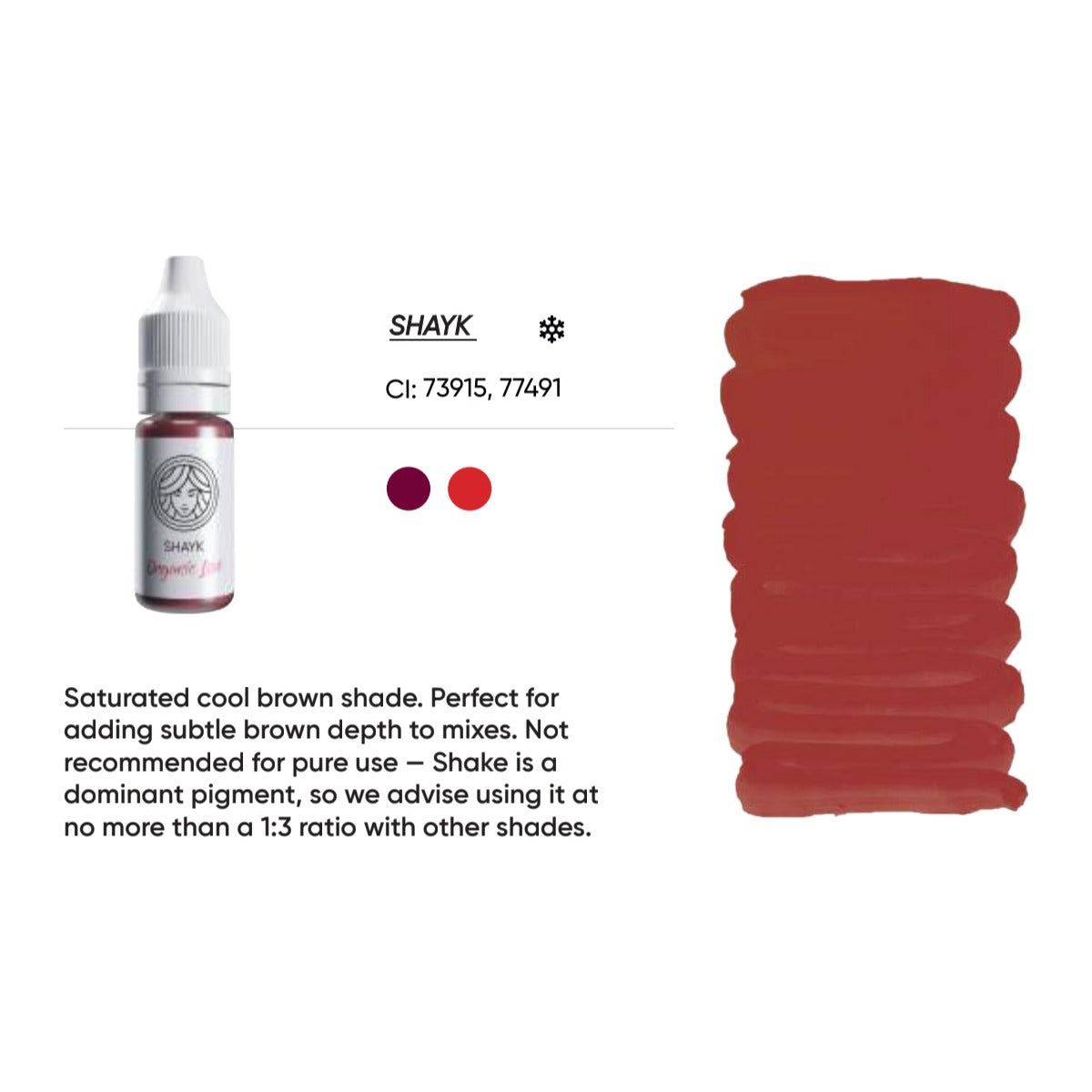 FACE Shayk Organic Love lip pigment swatch card with shade description, CI numbers and colour notes