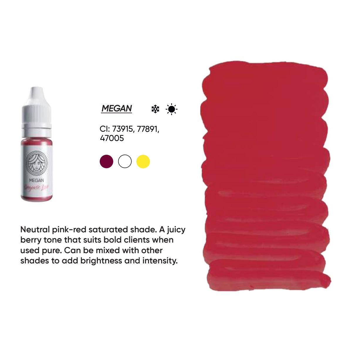 FACE Megan Organic Love lip pigment swatch card with shade description, CI numbers and colour notes