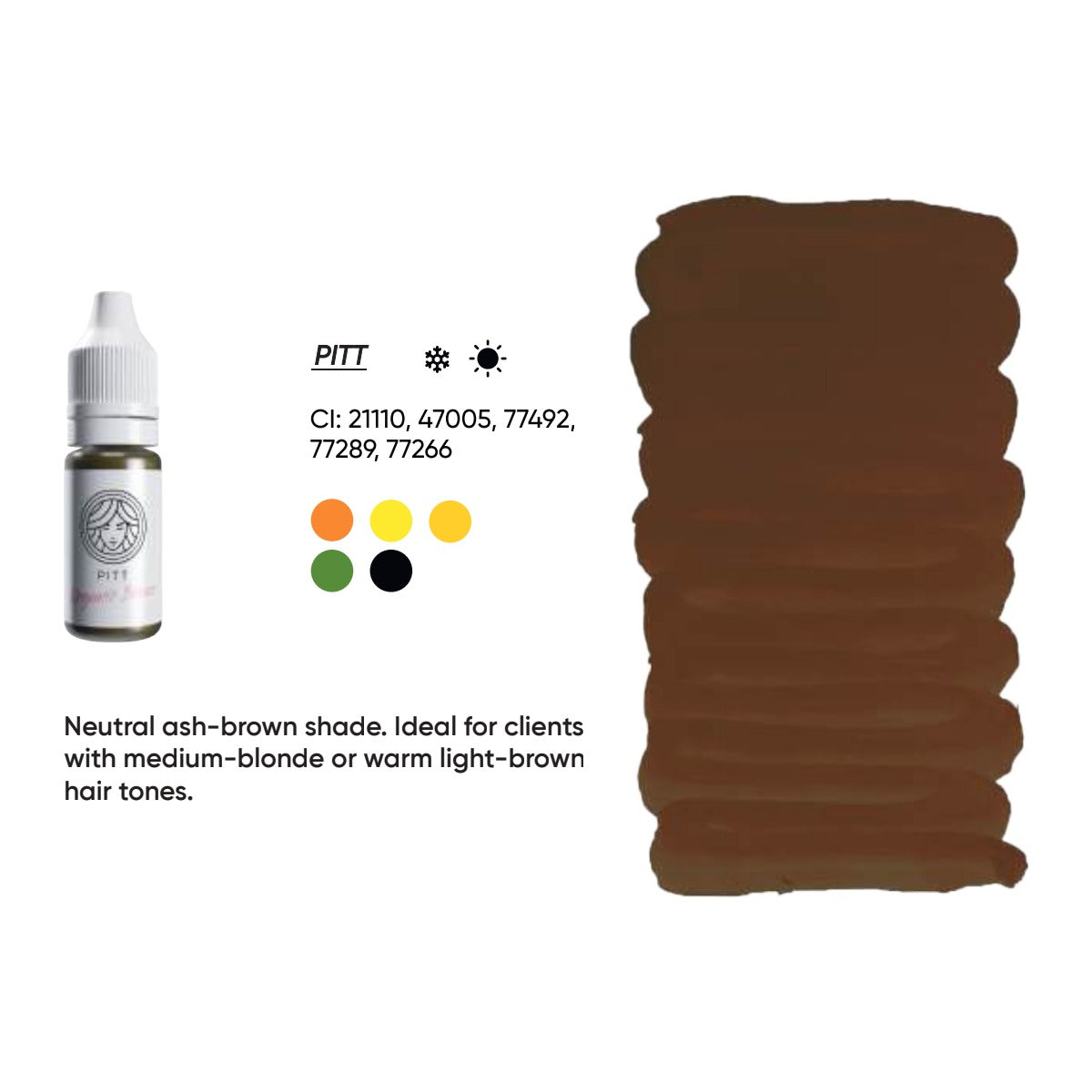 FACE Pitt organic brow pigment swatch card with shade description, CI numbers and colour notes