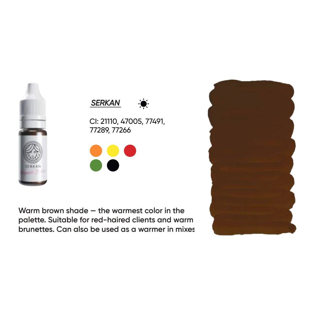 FACE Serkan organic brow pigment swatch card with shade description, CI numbers and colour notes