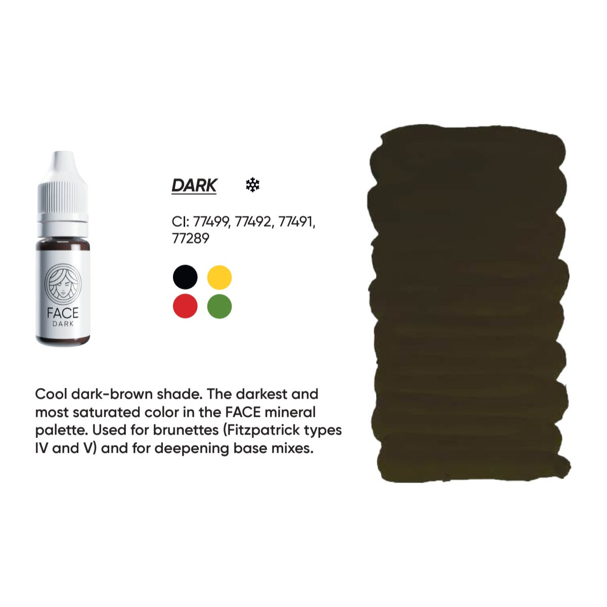 FACE Mineral Dark brow pigment swatch card with shade description, CI numbers and colour notes