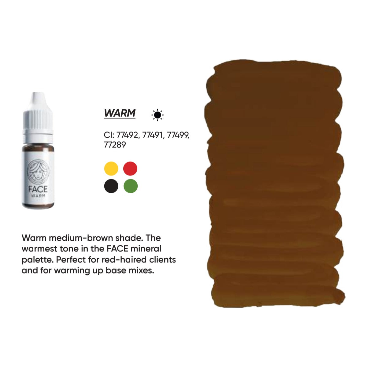 FACE Mineral Warm brow pigment swatch card with shade description, CI numbers and colour notes
