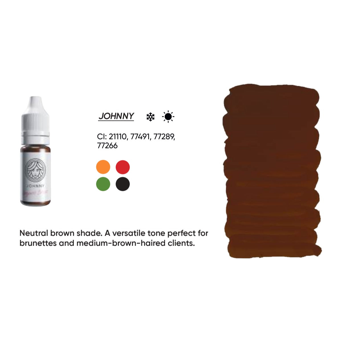 FACE Johnny organic brow pigment swatch card with shade description, CI numbers and colour notes