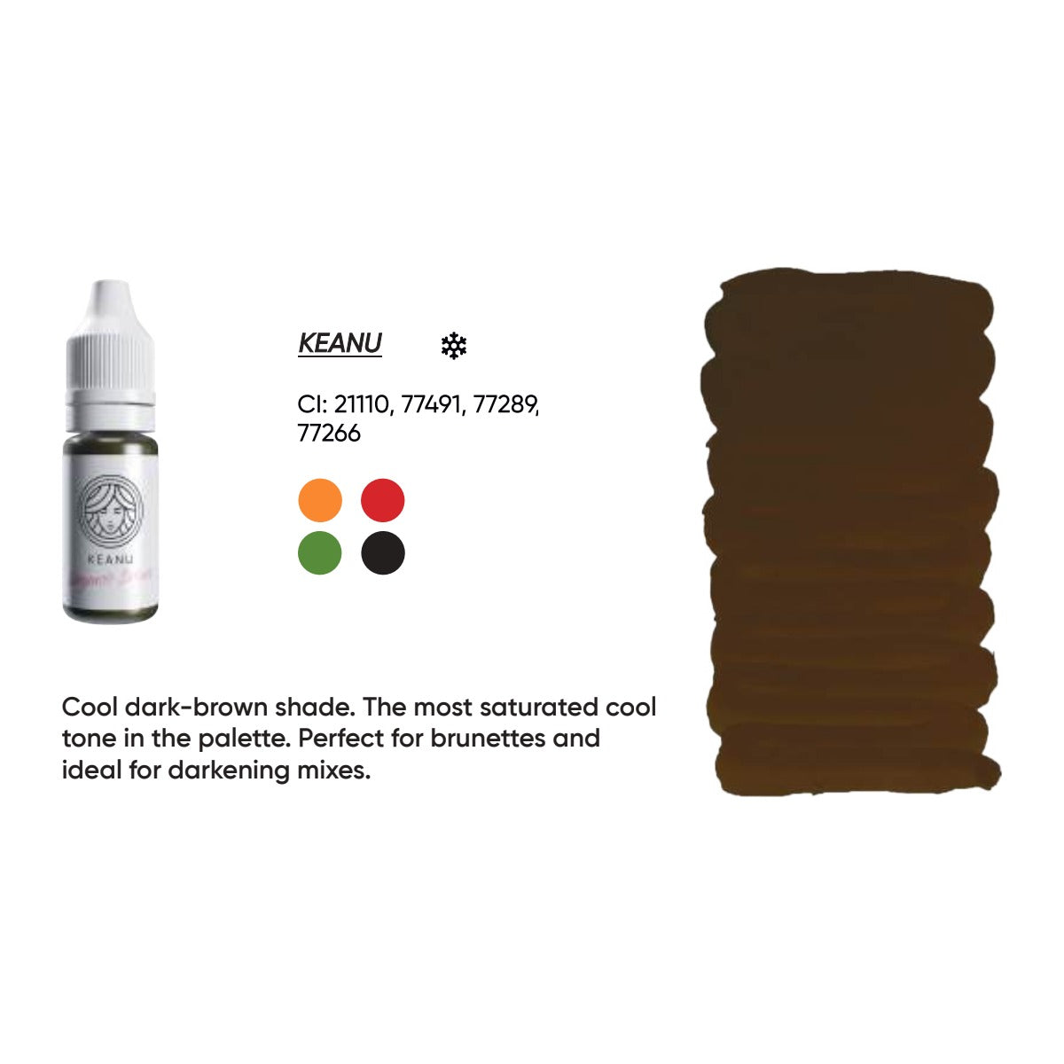 FACE Keanu organic brow pigment swatch card with shade description, CI numbers and colour notes
