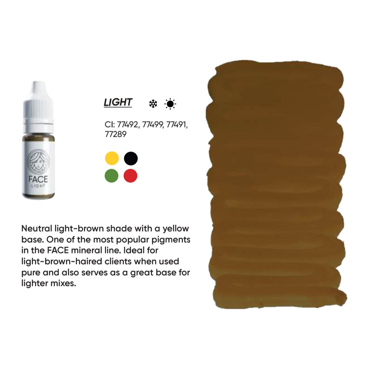 FACE Mineral Light brow pigment swatch card with shade description, CI numbers and colour notes