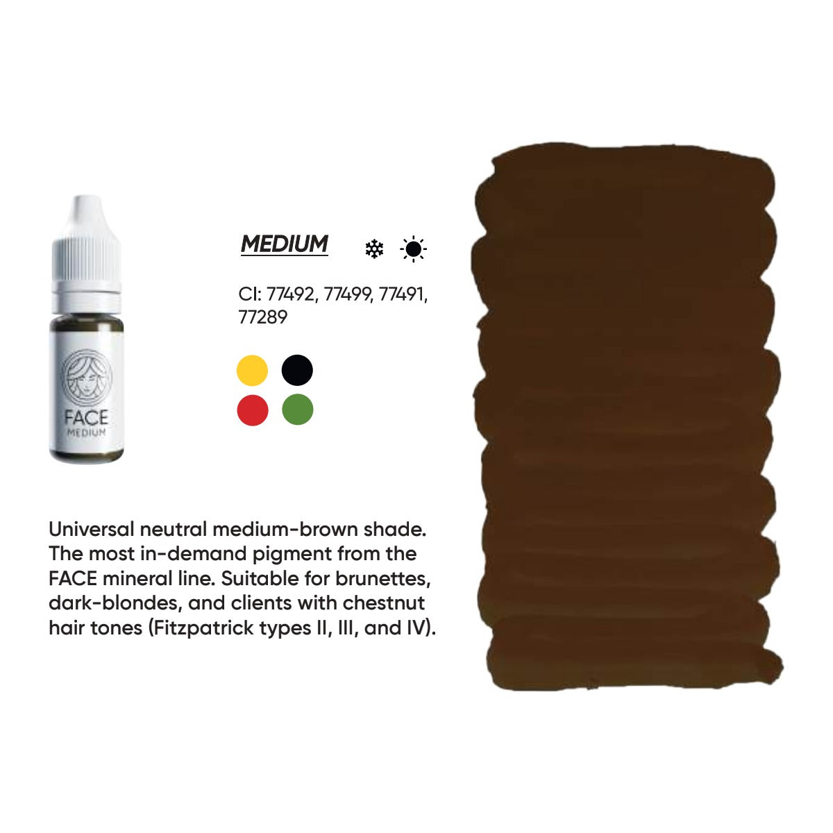FACE Mineral Medium brow pigment swatch card with shade description, CI numbers and colour notes
