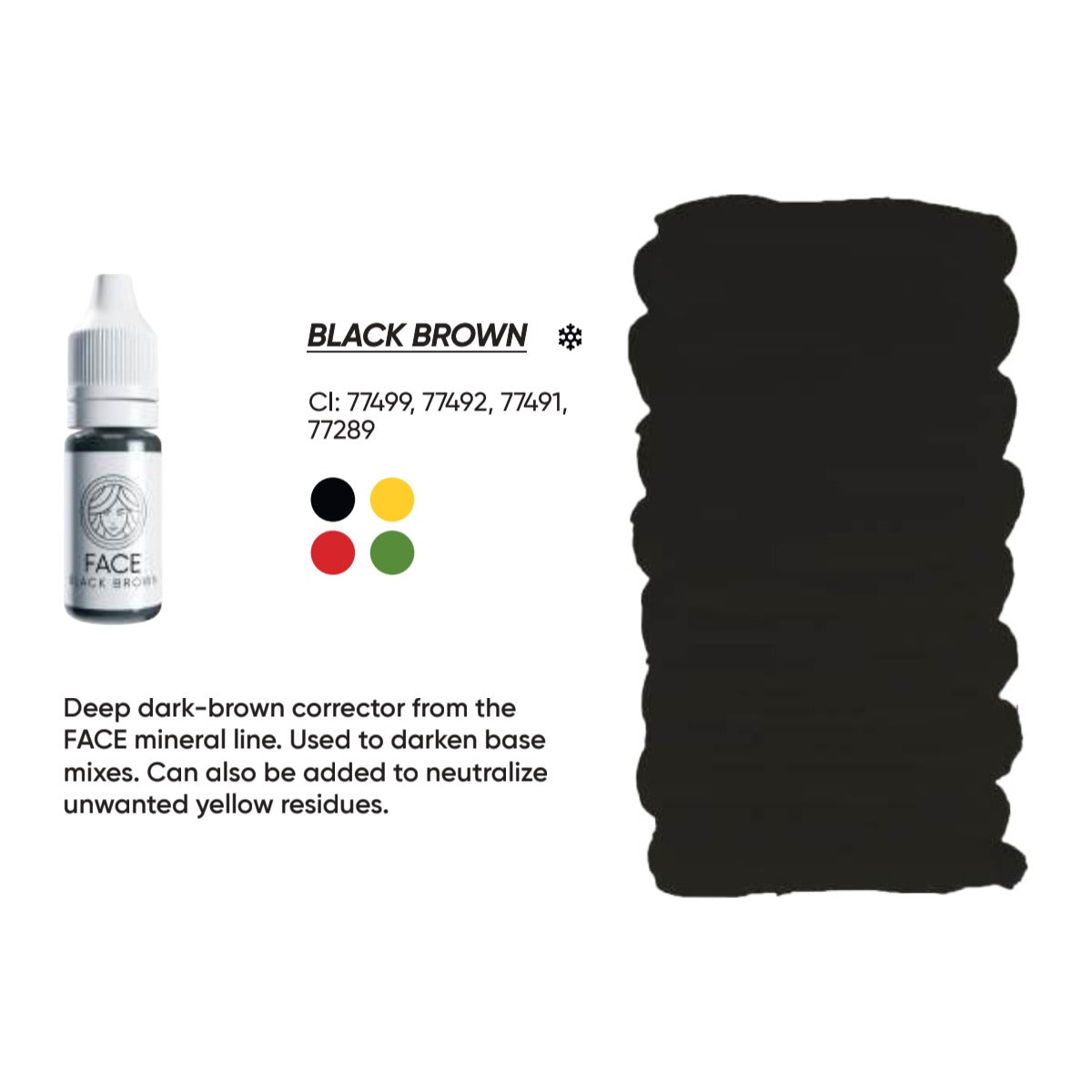 FACE Black Brown mineral brow corrector swatch card with description, CI numbers and colour notes