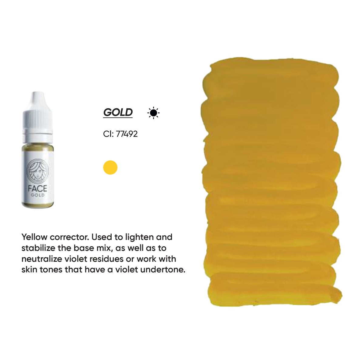 FACE Gold mineral brow corrector swatch card with description, CI numbers and colour notes
