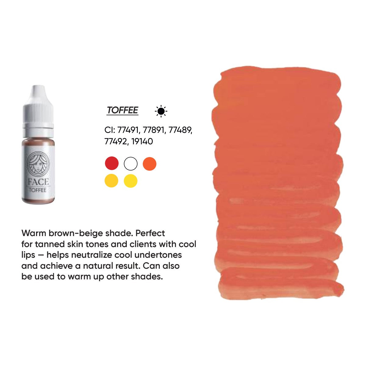 FACE Toffee hybrid lip pigment swatch card: warm brown-beige shade with CI numbers and colour notes