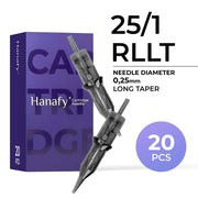 Hanafy 25/1 RLLT 0,25 mm Round Liner PMU-naaldcartridges, doos van 20
