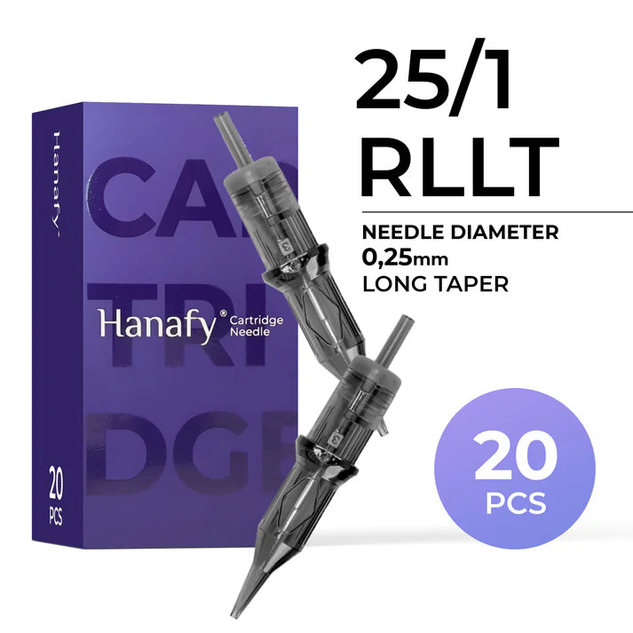 Hanafy 25/1 RLLT 0.25 mm Round Liner PMU needle cartridges, box of 20