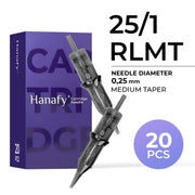 Hanafy 25/1 RLMT 0.25 mm Round Liner PMU needle cartridges, box of 20