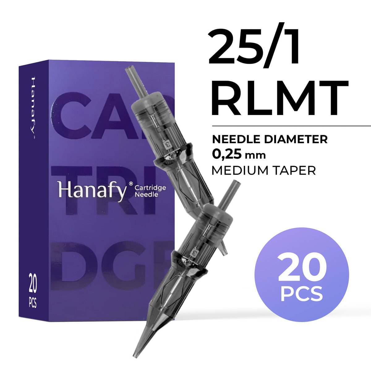 Hanafy 25/1 RLMT 0.25 mm Round Liner PMU needle cartridges, box of 20
