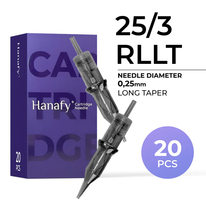 Hanafy 25/3 RLLT 0.25 mm Round Liner PMU needle cartridges, box of 20