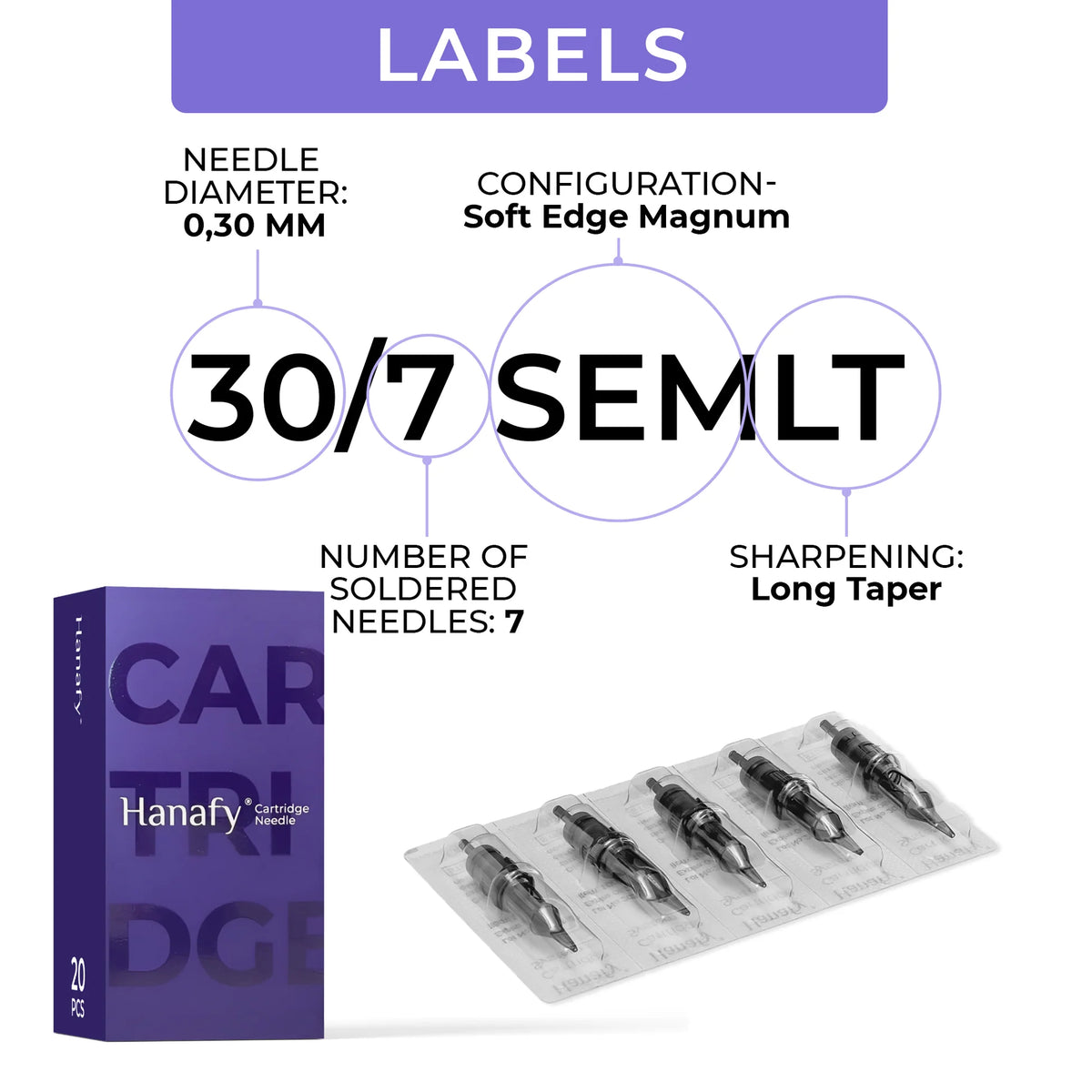 Hanafy 30/7 SEMLT 0,30 mm soft edge magnum cartridge voor permanente make-up, productdetail